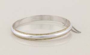 Sterling Silver Bangle Bracelet with 18k Gold Plated Rope Border Opens 7 1/4"